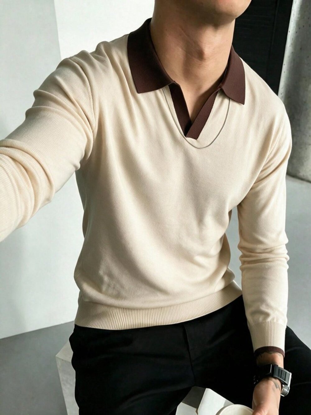 Apricot Colorblock Sports Men's Rib-Knit Collar Knit Long Sleeve Polo Shirt